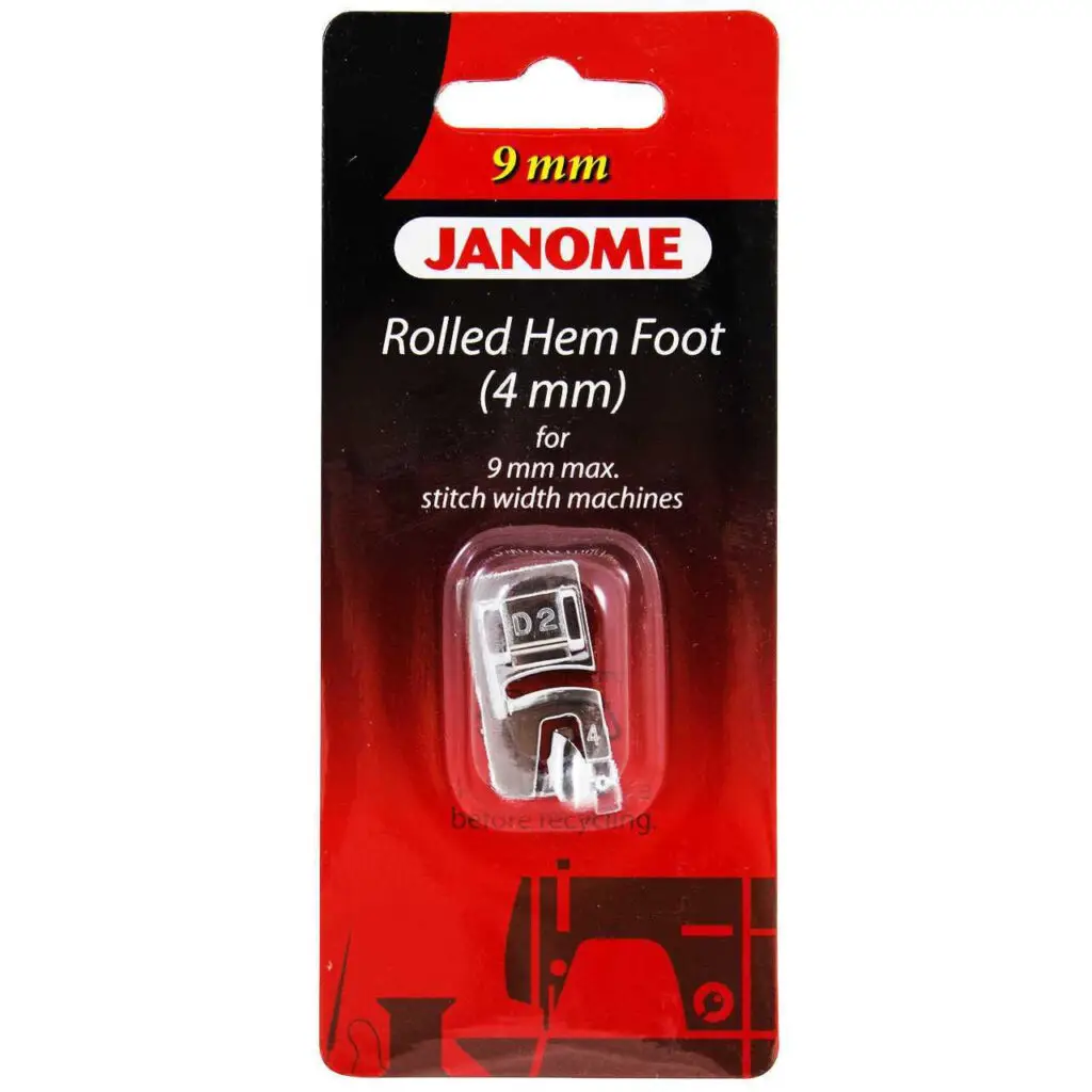 Janome Rolled Hem Foot 4mm for controlled stitching when working with delicate fabric edges